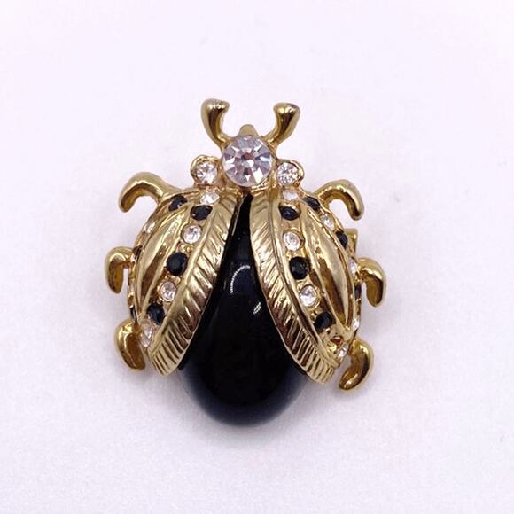 Vintage Lady Bug Brooch Pin Black and Gold Tone - Picture 3 of 6